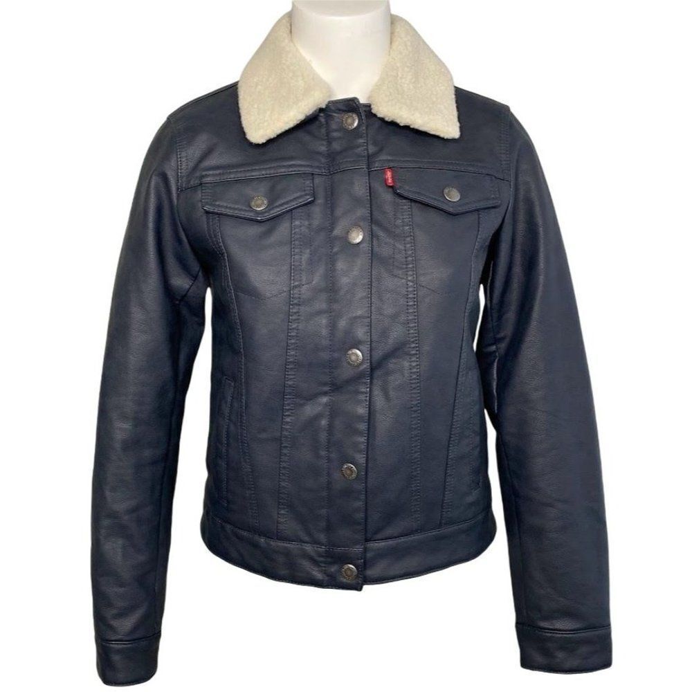 Levi's Faux Leather Jacket Women's Navy Blue Sherpa-Lined Trucker Pocket XS NEW